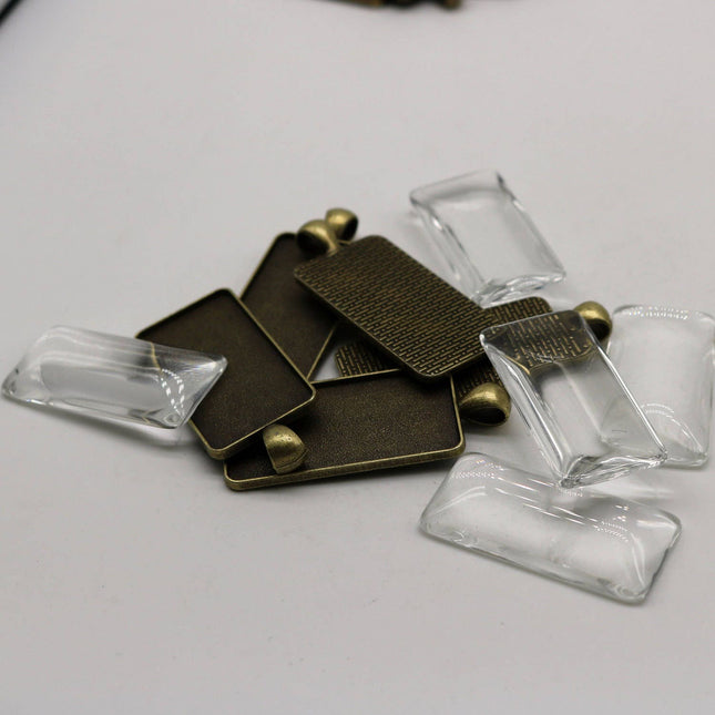RECTANGULAR Bezel with 38mmX19mm GLASS Magnifying Domes Cabochon - 5 sets 10 pcs  - 48mmx21mm Antique Brass - KB13