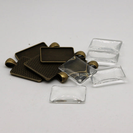 RECTANGULAR Bezel with 25mmX18mm GLASS Magnifying Domes Cabochon - 5 sets 10 pcs  - 36mmx20mm Antique Brass - KB14