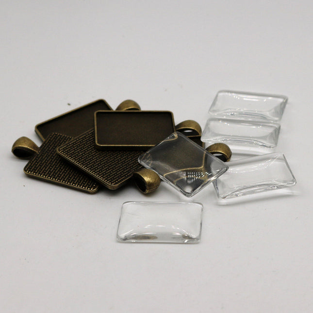 RECTANGULAR Bezel with 25mmX18mm GLASS Magnifying Domes Cabochon - 5 sets 10 pcs  - 36mmx20mm Antique Brass - KB14