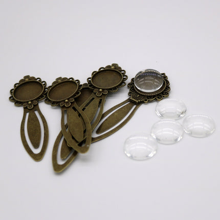 Bookmark with 20mm GLASS Magnifying Domes Cabochon - 5 sets 10 pcs  - 83mmx28mm Antique Brass - S001