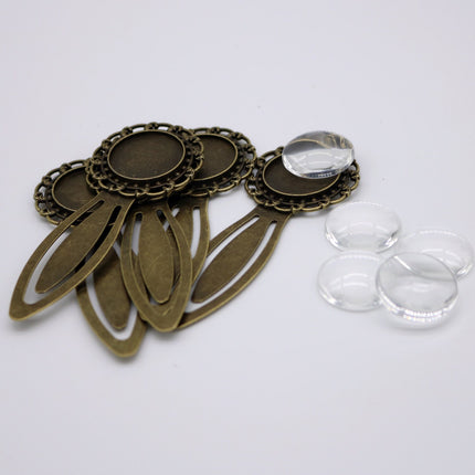 Bookmark with 20mm GLASS Magnifying Domes Cabochon - 5 sets 10 pcs  - 81mmx32mm Antique Brass - S040