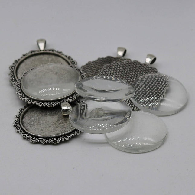 Pendant Big BEZELS Link w/GLASS Magnifying Domes Cabochon - 5 sets 10 pcs  - 35mm app. 1-3/8inch Antique Silver Bezel and Glass Cabochon