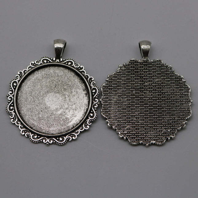 Pendant Big BEZELS Link w/GLASS Magnifying Domes Cabochon - 5 sets 10 pcs  - 35mm app. 1-3/8inch Antique Silver Bezel and Glass Cabochon