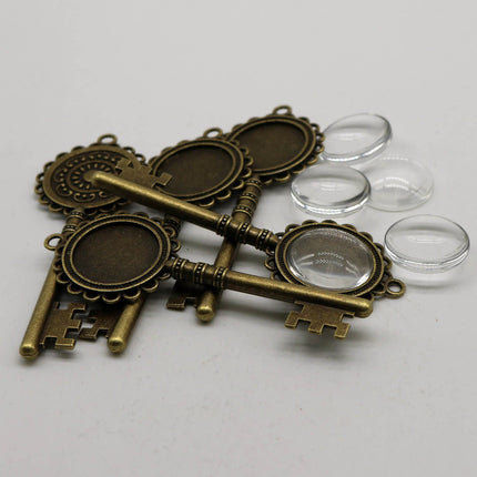KEY Bezel with 20mm GLASS Magnifying Domes Cabochon - 5 sets 10 pcs  - 80mmx30mm Antique Brass - KB01