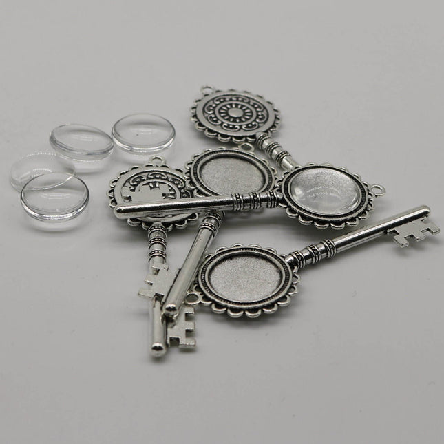KEY Bezel with 20mm GLASS Magnifying Domes Cabochon - 5 sets 10 pcs  - 80mmx30mm Antique Silver - KB01