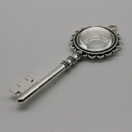 KEY Bezel with 20mm GLASS Magnifying Domes Cabochon - 5 sets 10 pcs  - 80mmx30mm Antique Silver - KB01