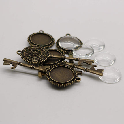 KEY Bezel with 20mm GLASS Magnifying Domes Cabochon - 5 sets 10 pcs  - 71mmx27mm Antique Brass - KB02