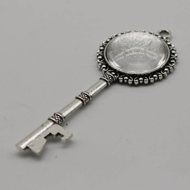 KEY Bezel with 20mm GLASS Magnifying Domes Cabochon - 5 sets 10 pcs  - 71mmx27mm Antique Silver - KB02