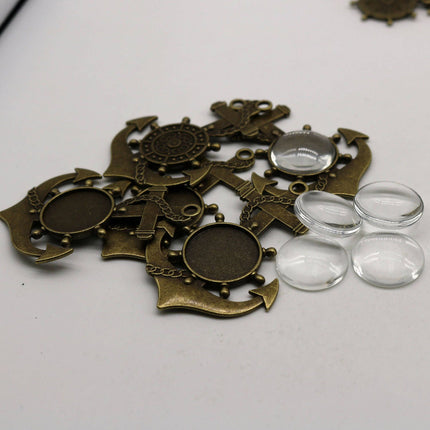 ANCHOR Bezel with 20mm GLASS Magnifying Domes Cabochon - 5 sets 10 pcs  - 61mmx43mm Antique Brass - KB03
