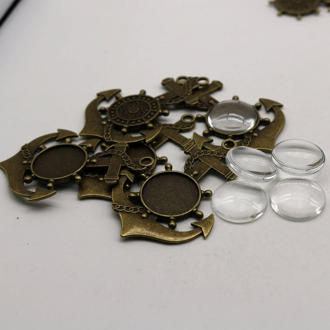 ANCHOR Bezel with 20mm GLASS Magnifying Domes Cabochon - 5 sets 10 pcs  - 61mmx43mm Antique Brass - KB03