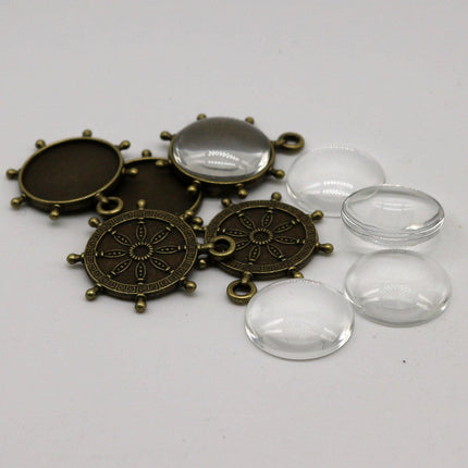 RUDDER Bezel with 20mm GLASS Magnifying Domes Cabochon - 5 sets 10 pcs  - 32mmx27mm Antique Brass - KB04