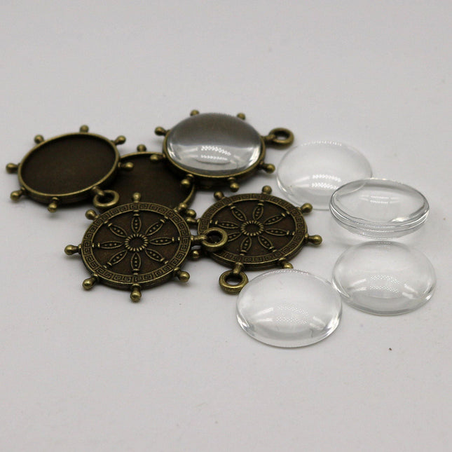 RUDDER Bezel with 20mm GLASS Magnifying Domes Cabochon - 5 sets 10 pcs  - 32mmx27mm Antique Brass - KB04