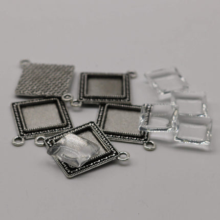 SQUARE Bezel with 15mmX15mm GLASS Magnifying Domes Cabochon LINk - 5 sets 10 pcs  - 38mmx30mm Antique Silver - KB05