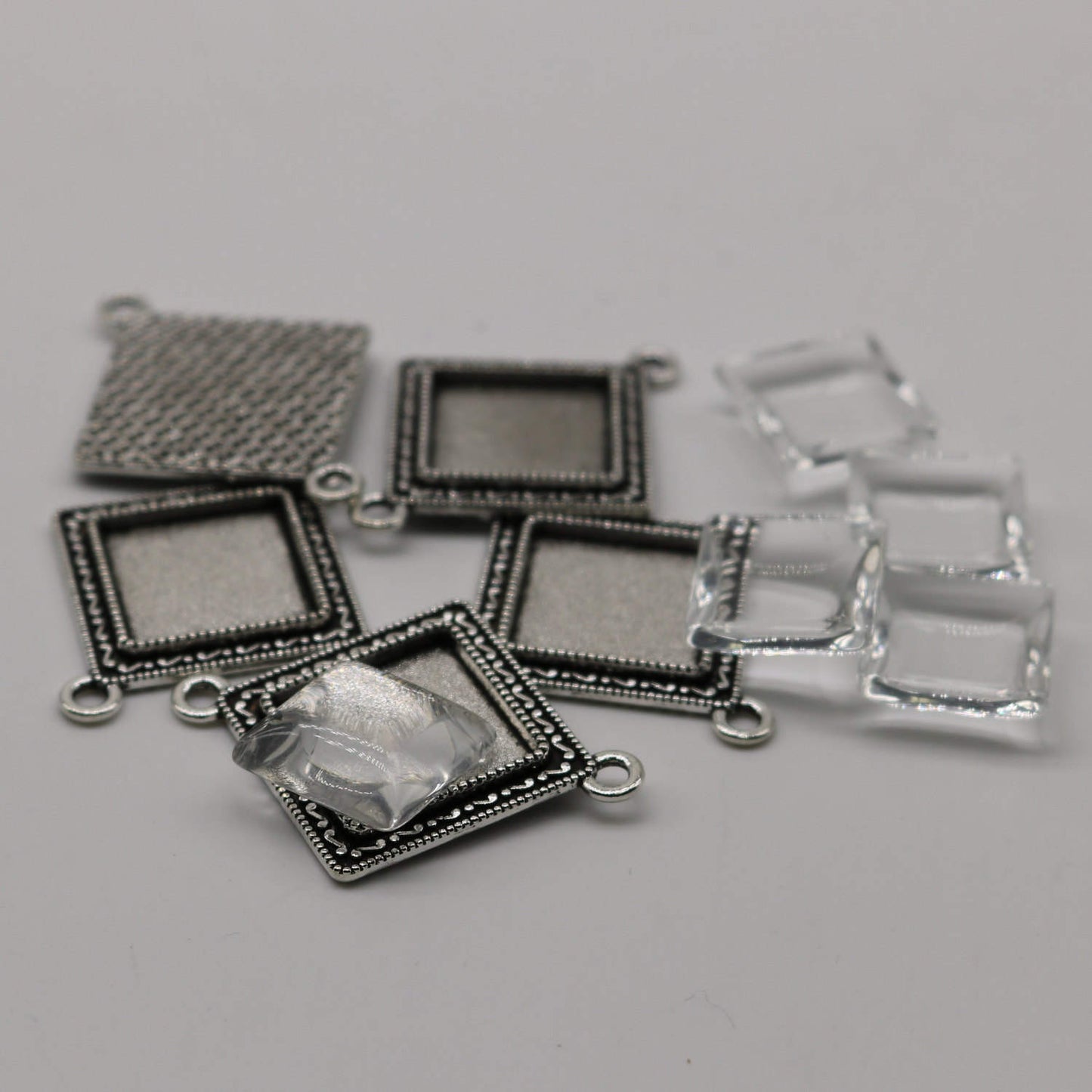 SQUARE Bezel with 15mmX15mm GLASS Magnifying Domes Cabochon LINk - 5 sets 10 pcs  - 38mmx30mm Antique Silver - KB05 - We are USA Seller
