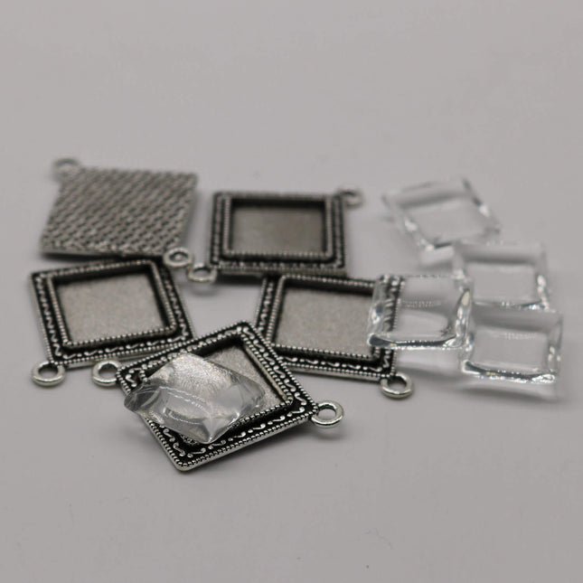 SQUARE Bezel with 15mmX15mm GLASS Magnifying Domes Cabochon LINk - 5 sets 10 pcs  - 38mmx30mm Antique Silver - KB05