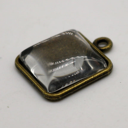 SQUARE Bezel with 15mmX15mm GLASS Magnifying Domes Cabochon - 5 sets 10 pcs  - 21mmx18mm Antique Brass - KB07