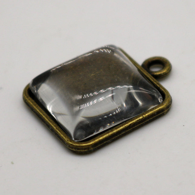 SQUARE Bezel with 15mmX15mm GLASS Magnifying Domes Cabochon - 5 sets 10 pcs  - 21mmx18mm Antique Brass - KB07