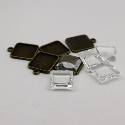 SQUARE Bezel with 15mmX15mm GLASS Magnifying Domes Cabochon - 5 sets 10 pcs  - 21mmx18mm Antique Brass - KB07