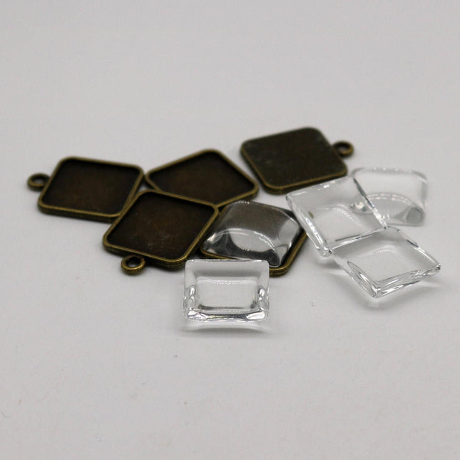 SQUARE Bezel with 15mmX15mm GLASS Magnifying Domes Cabochon - 5 sets 10 pcs  - 21mmx18mm Antique Brass - KB07