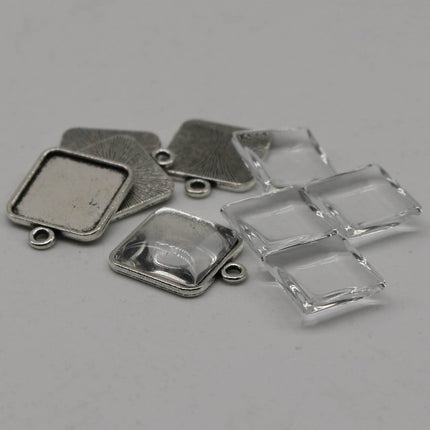 SQUARE Bezel with 15mmX15mm GLASS Magnifying Domes Cabochon - 5 sets 10 pcs  - 21mmx18mm Antique Silver - KB07