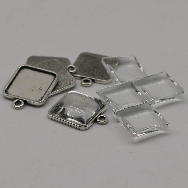 SQUARE Bezel with 15mmX15mm GLASS Magnifying Domes Cabochon - 5 sets 10 pcs  - 21mmx18mm Antique Silver - KB07