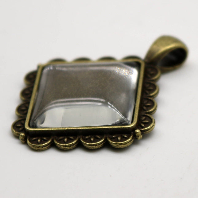 SQUARE Bezel with 20mmX20mm GLASS Magnifying Domes Cabochon - 5 sets 10 pcs  - 42mmx33mm Antique Brass - KB08