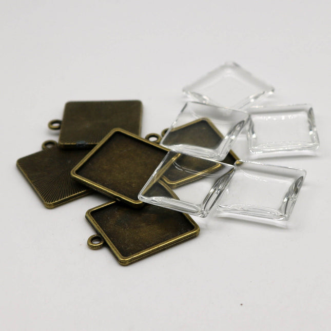 SQUARE Bezel with 20mmX20mm GLASS Magnifying Domes Cabochon - 5 sets 10 pcs  - 28mmx23mm Antique Brass - KB09