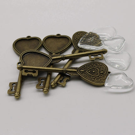 KEY Bezel with 20mm HEART GLASs Magnifying Domes Cabochon - 5 sets 10 pcs  - 69mmx24mm Antique Brass - KB11