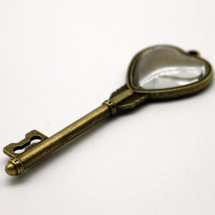 KEY Bezel with 20mm HEART GLASs Magnifying Domes Cabochon - 5 sets 10 pcs  - 69mmx24mm Antique Brass - KB11