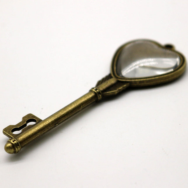 KEY Bezel with 20mm HEART GLASs Magnifying Domes Cabochon - 5 sets 10 pcs  - 69mmx24mm Antique Brass - KB11
