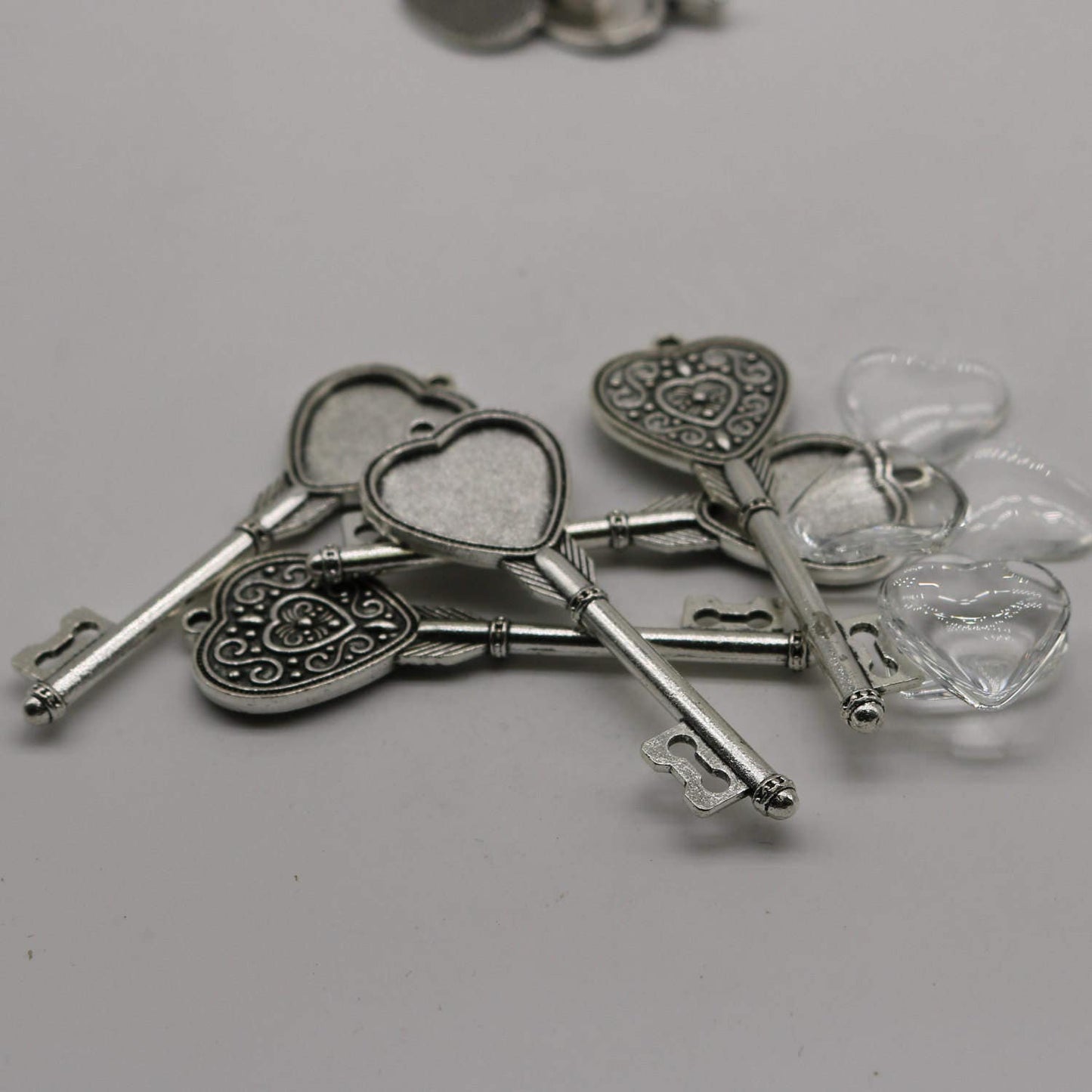KEY Bezel with 20mm HEART GLASs Magnifying Domes Cabochon - 5 sets 10 pcs  - 69mmx24mm Antique Silver - KB11 We are USA Seller
