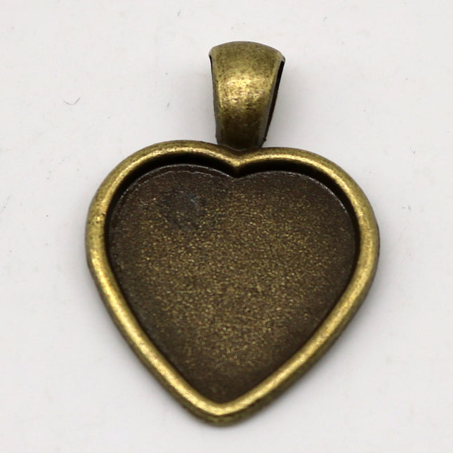 HEART Bezel with 20mm HEART GLASs Magnifying Domes Cabochon - 5 sets 10 pcs  - 33mmx24mm Antique Brass - KB12