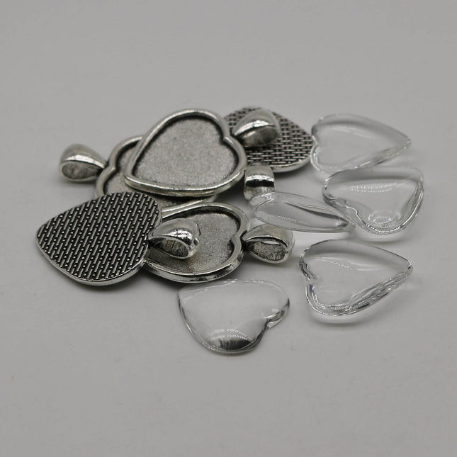 HEART Bezel with 20mm HEART GLASs Magnifying Domes Cabochon - 5 sets 10 pcs  - 33mmx24mm Antique Silver - KB12
