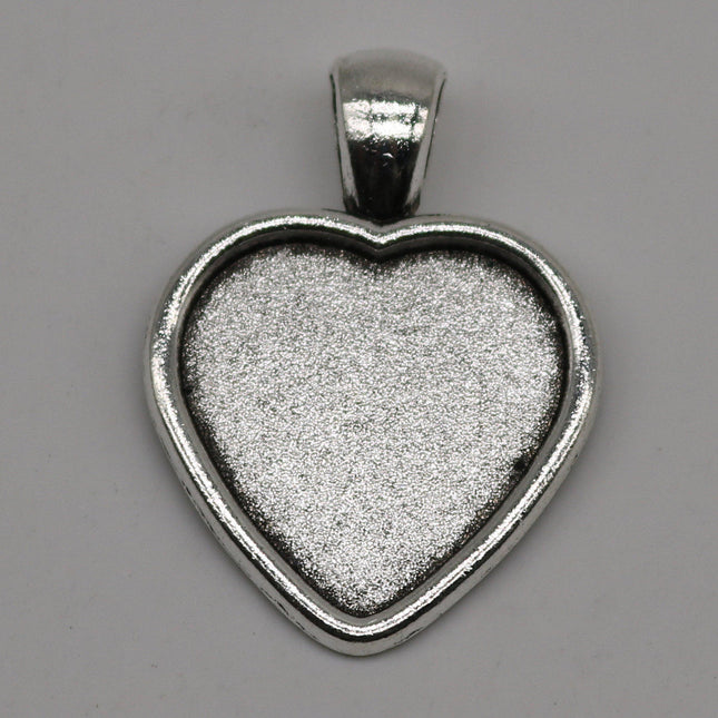 HEART Bezel with 20mm HEART GLASs Magnifying Domes Cabochon - 5 sets 10 pcs  - 33mmx24mm Antique Silver - KB12