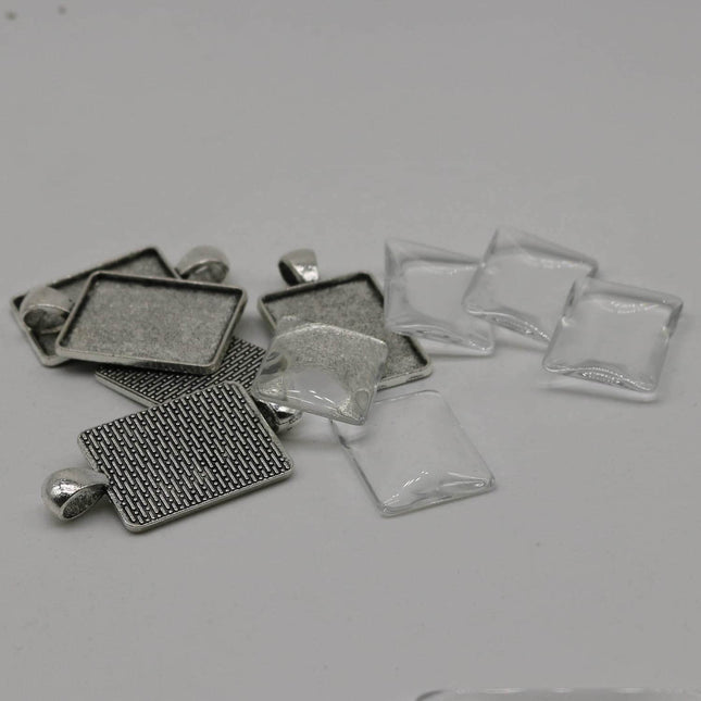RECTANGULAR Bezel with 25mmX18mm GLASS Magnifying Domes Cabochon - 5 sets 10 pcs  - 36mmx20mm Antique Silver - KB14