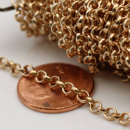 Pinky Gold Plated Rolo Chain bulk, 32 ft spool of Champagne Gold Plated ROLO cable chain - 3.1mm SOLDERED Links -  Chain - 31BL