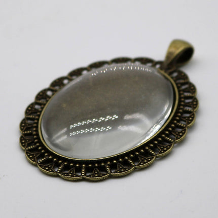 Pendant BEZELS with GLASS Magnifying OVAL Domes Cabochon - 5 sets 10 pcs  - for 30x40mm Cabochon - Antique Brass Bezel and Glass Cabochon