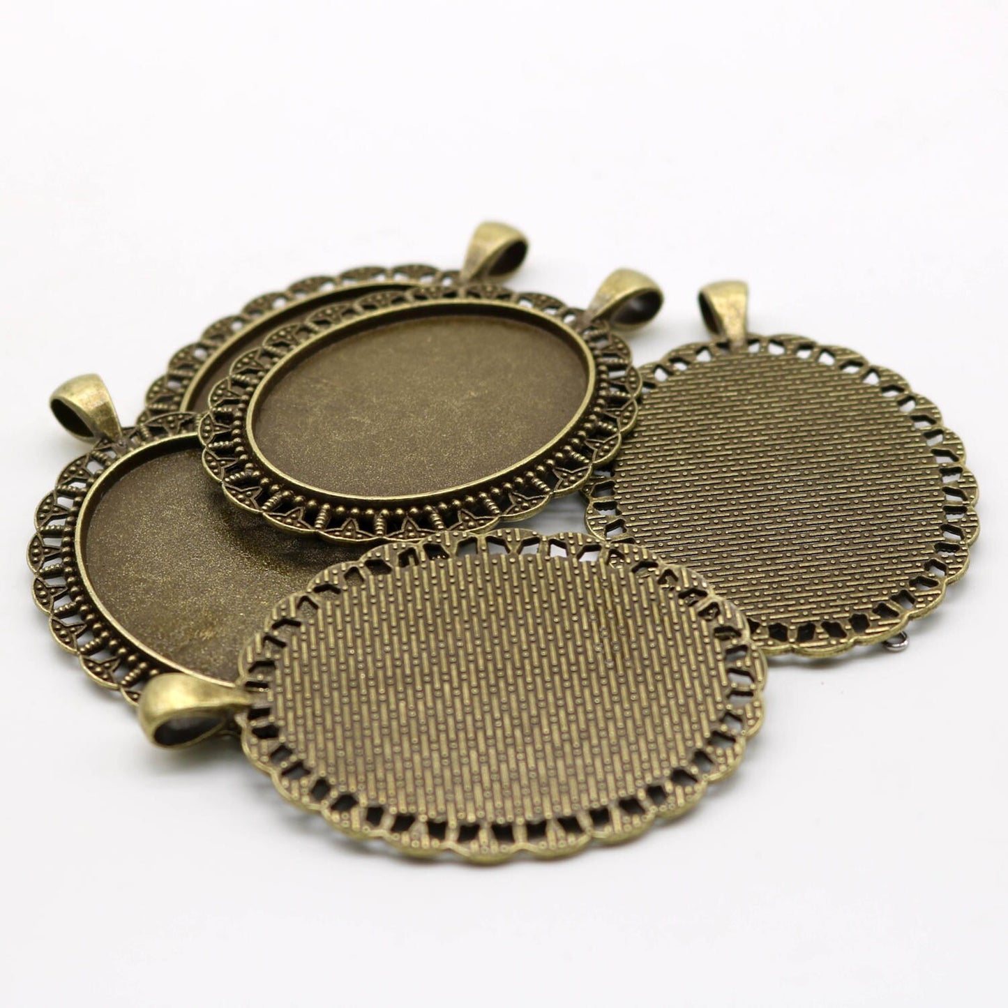 Pendant BEZELS with GLASS Magnifying OVAL Domes Cabochon - 5 sets 10 pcs  - for 30x40mm Cabochon - Antique Brass Bezel and Glass Cabochon