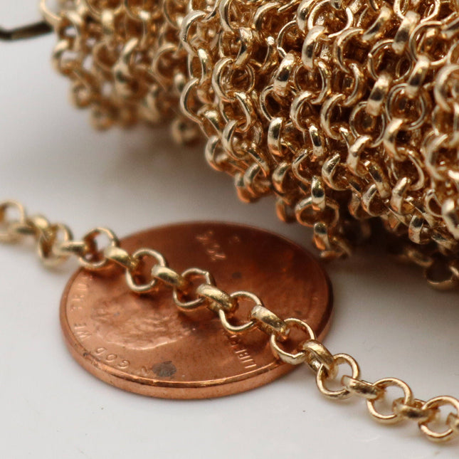 Pinky Gold Plated Rolo Chain bulk, 32 ft spool of Champagne Gold Plated ROLO cable chain - 3.1mm SOLDERED Links -  Chain - 31BL