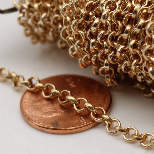 Sample Lot 3 feet of Pinky Gold Plated Rolo Chain - Champagne Gold Plated ROLO cable chain - 3.1mm SOLDERED Links - Necklace Bracelet Chain