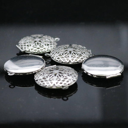 1/5/10/25 pcs STAINLESS STEEL Filigree Round Circle Locket Pendant Charm - 27x32mm 7mm thickness