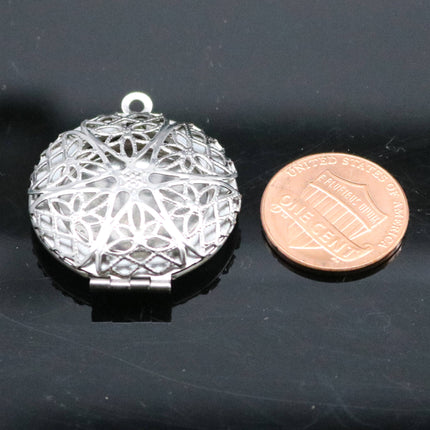 1/5/10/25 pcs STAINLESS STEEL Filigree Round Circle Locket Pendant Charm - 27x32mm 7mm thickness
