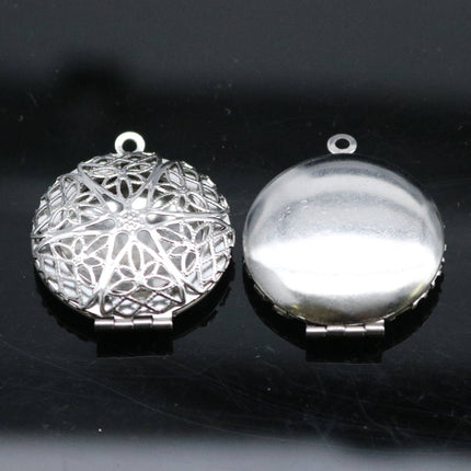 1/5/10/25 pcs STAINLESS STEEL Filigree Round Circle Locket Pendant Charm - 27x32mm 7mm thickness