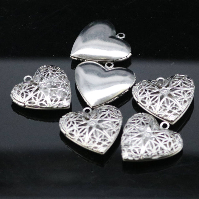 1/5/10/25 pcs STAINLESS STEEL Filigree Heart Locket Pendant Charm - 26x26mm 1 inch 7mm thickness - Pendant Charm