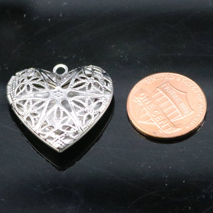 1/5/10/25 pcs STAINLESS STEEL Filigree Heart Locket Pendant Charm - 26x26mm 1 inch 7mm thickness - Pendant Charm
