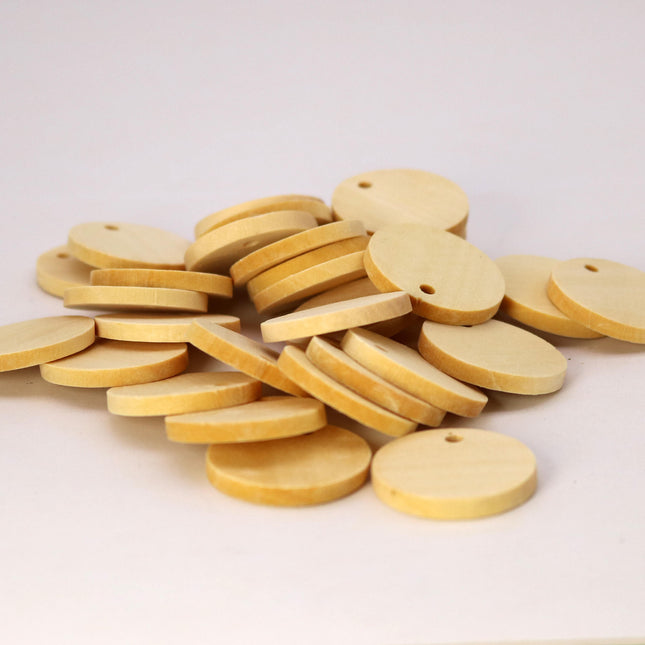 50 pcs of 1 inch - 25mm Diameter Unfinished Wood with Hole Blank Pendants - Round Wooden Circle Disc - Smooth Blanks
