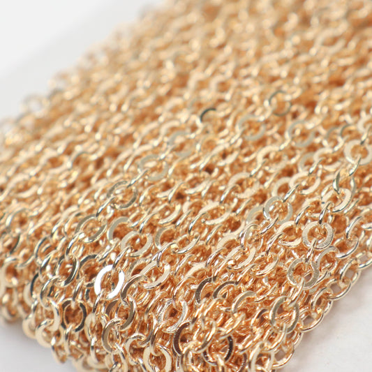 New 100 Ft Champagne Gold (Pinky Gold) Gold Plated Flat Soldered Cable Chain - 3.4x2.9mm SOLDERED Link  - 3429F-KC