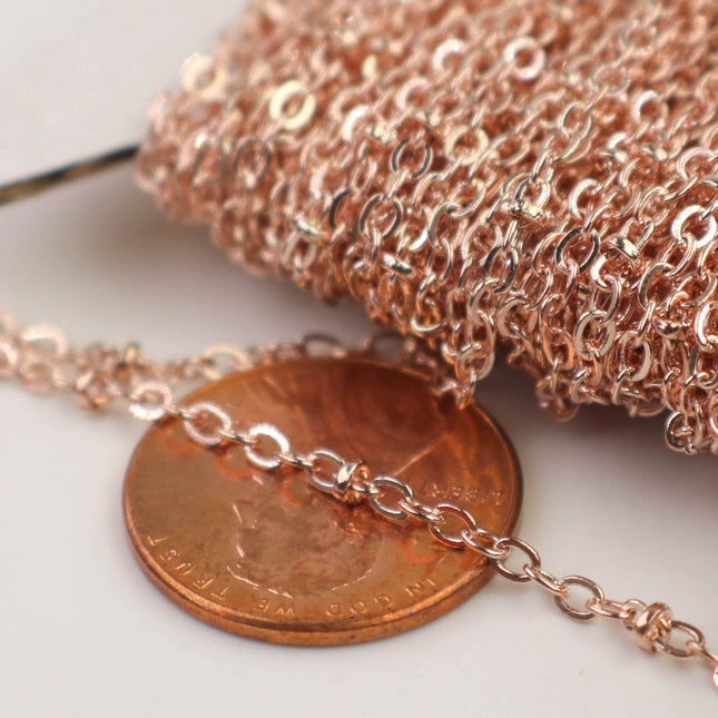 100 feet ROSE Gold Plated Satellite Chain Flat BALL Chain - 3x1.7mm SOLDERED link - Tiny Small Ball Flat Cable Chain - Bulk - 317FSAT