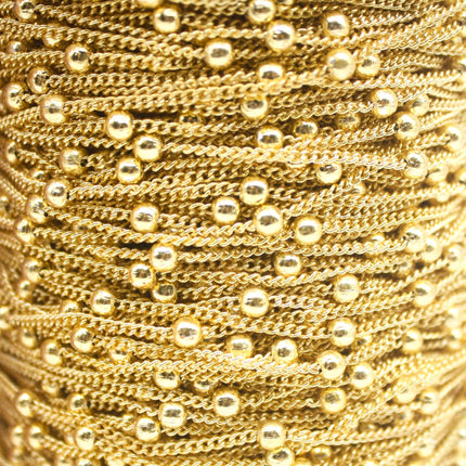 300 Ft Non Tarnished Satellite Curb Chain 18K Gold Plated  - 1.6mm Curb 3.5mm Large Beads - Anti Tarnish Free Chain - AT1.6SATBB