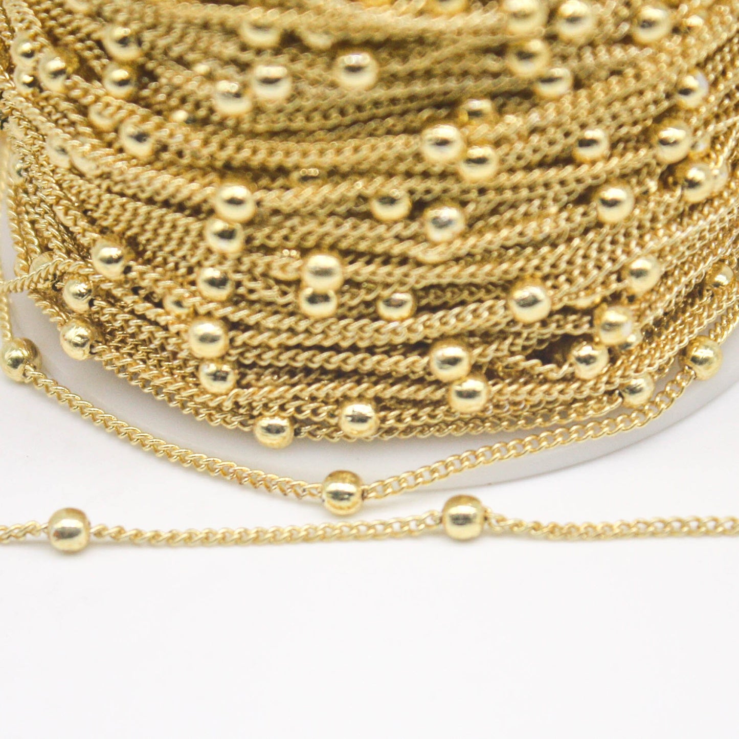 3 Ft Non Tarnished Satellite Curb Chain 18K Gold Plated  - 1.6mm Curb 3.5mm Large Beads - Anti Tarnish Free Chain - AT1.6SATBB